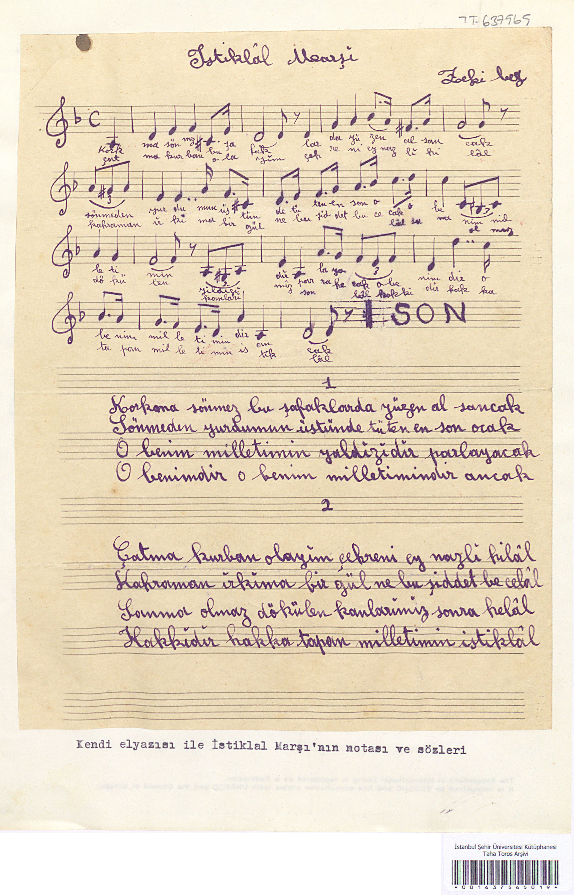 İstiklal Marşı’nın Orjinal El Yazısı Bestesi İstanbul Şehir Üniversitesi Arşivi’nde